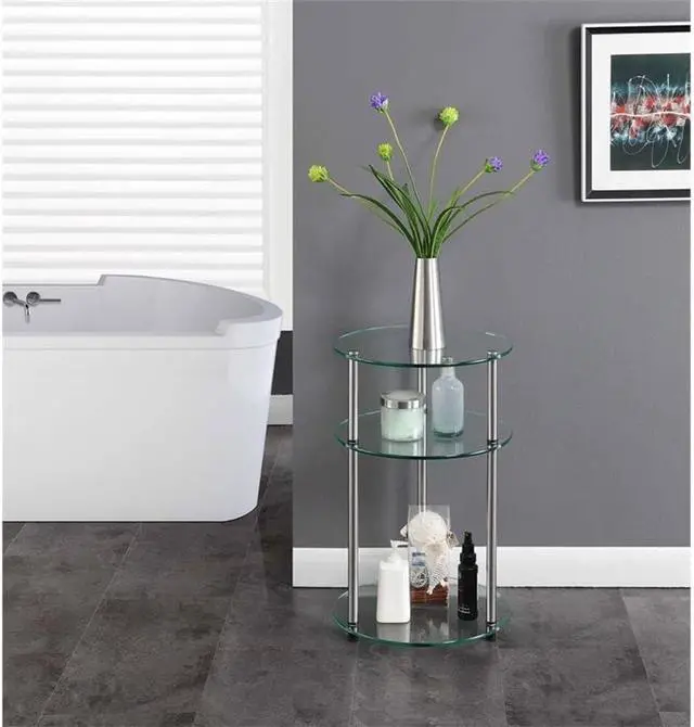 Alt view image 4 of 6 - Convenience Concepts Designs2Go Classic Glass 3-Tier Round End Modern Contemporary Side Table with Storage Shelves for Living Room, Bathroom, Bedroom, 15.75"