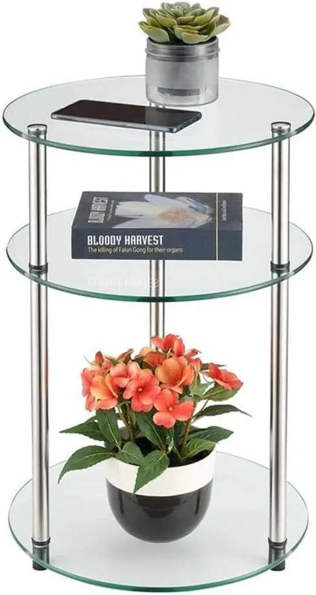 Alt view image 5 of 6 - Convenience Concepts Designs2Go Classic Glass 3-Tier Round End Modern Contemporary Side Table with Storage Shelves for Living Room, Bathroom, Bedroom, 15.75"