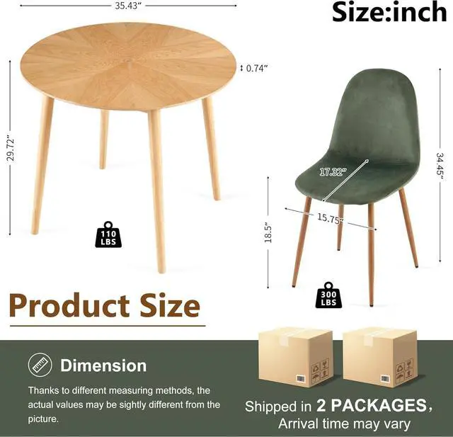 Alt view image 2 of 7 - 5-Pieces Round Kitchen Dining Room Table Set for 4, Modern Breakfast Dinner Table with Solid Wood Veneer Tabletop, Compact Coffee Table Set with Green Dining Side Chairs Upholstered