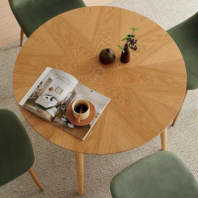 Alt view image 4 of 7 - 5-Pieces Round Kitchen Dining Room Table Set for 4, Modern Breakfast Dinner Table with Solid Wood Veneer Tabletop, Compact Coffee Table Set with Green Dining Side Chairs Upholstered