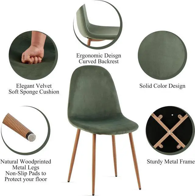 Alt view image 5 of 7 - 5-Pieces Round Kitchen Dining Room Table Set for 4, Modern Breakfast Dinner Table with Solid Wood Veneer Tabletop, Compact Coffee Table Set with Green Dining Side Chairs Upholstered