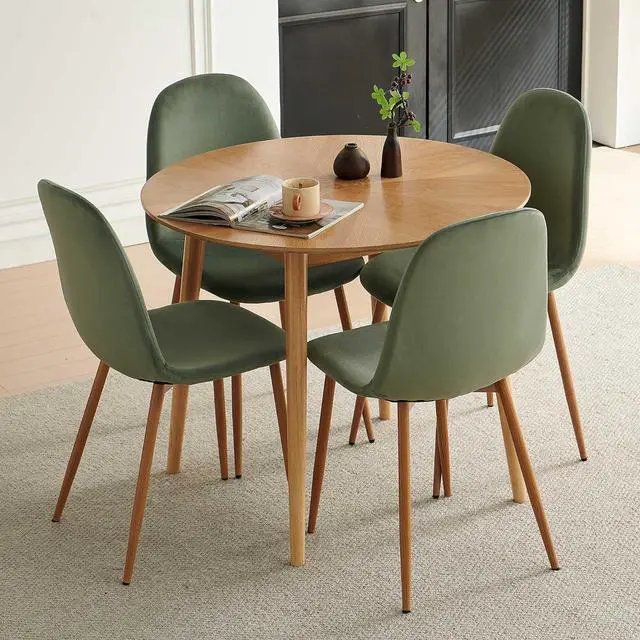 Alt view image 7 of 7 - 5-Pieces Round Kitchen Dining Room Table Set for 4, Modern Breakfast Dinner Table with Solid Wood Veneer Tabletop, Compact Coffee Table Set with Green Dining Side Chairs Upholstered