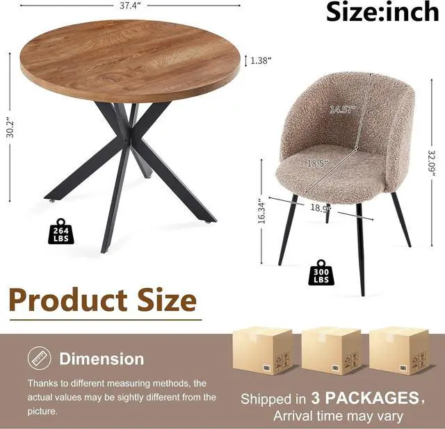 Alt view image 7 of 7 - Dining Table Set for 2 with Chairs, 37" Engineered Wood Round Table Wipe Clean with 2 Fluffy Sherpa Arm Chairs, Modern Dinette Set with Metal Legs for Breakfast, Dining Room, Coffee Shop