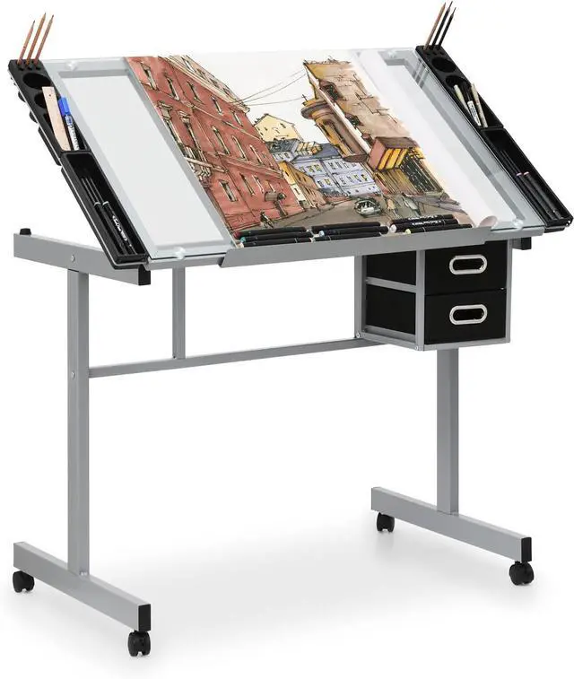 Main image of Magshion Adjustable Drafting Table with 65° Tilting Glass Top  Portable Art Desk with 2 Storage Drawers, 4 Tool Trays & Lockable Rolling Casters for Artists, Designers, & Students (Clear)