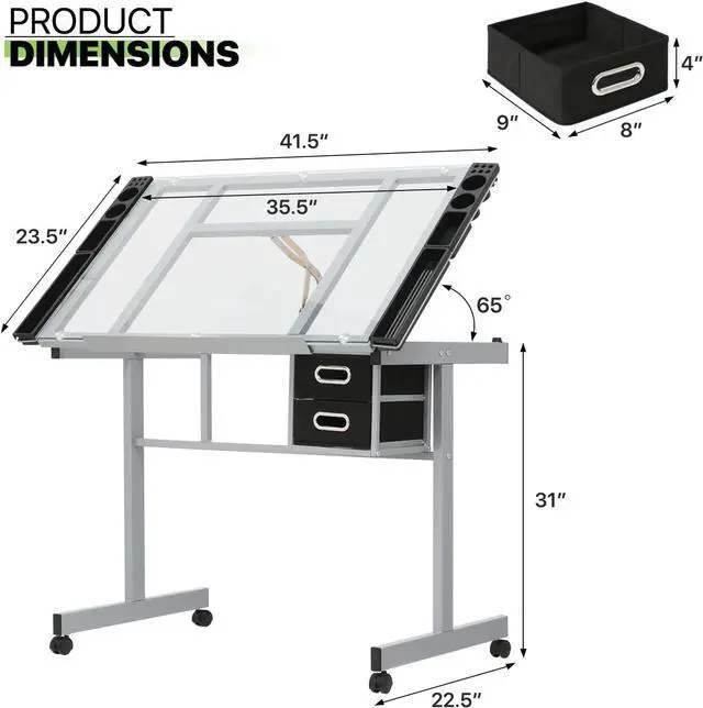 Alt view image 3 of 7 - Magshion Adjustable Drafting Table with 65° Tilting Glass Top  Portable Art Desk with 2 Storage Drawers, 4 Tool Trays & Lockable Rolling Casters for Artists, Designers, & Students (Clear)