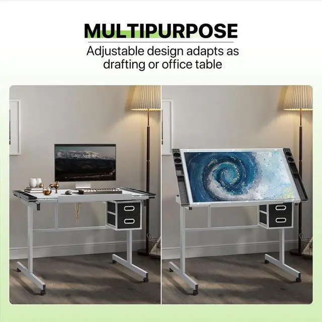 Alt view image 4 of 7 - Magshion Adjustable Drafting Table with 65° Tilting Glass Top  Portable Art Desk with 2 Storage Drawers, 4 Tool Trays & Lockable Rolling Casters for Artists, Designers, & Students (Clear)