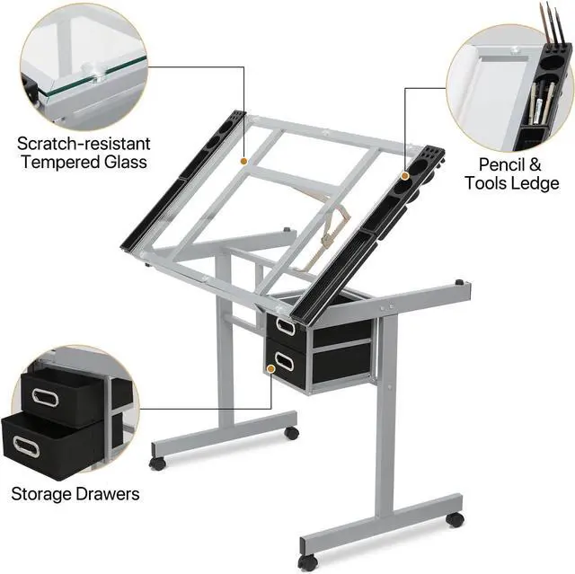 Alt view image 5 of 7 - Magshion Adjustable Drafting Table with 65° Tilting Glass Top  Portable Art Desk with 2 Storage Drawers, 4 Tool Trays & Lockable Rolling Casters for Artists, Designers, & Students (Clear)