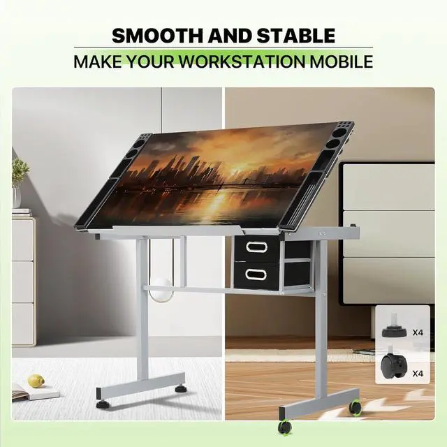 Alt view image 6 of 7 - Magshion Adjustable Drafting Table with 65° Tilting Glass Top  Portable Art Desk with 2 Storage Drawers, 4 Tool Trays & Lockable Rolling Casters for Artists, Designers, & Students (Clear)