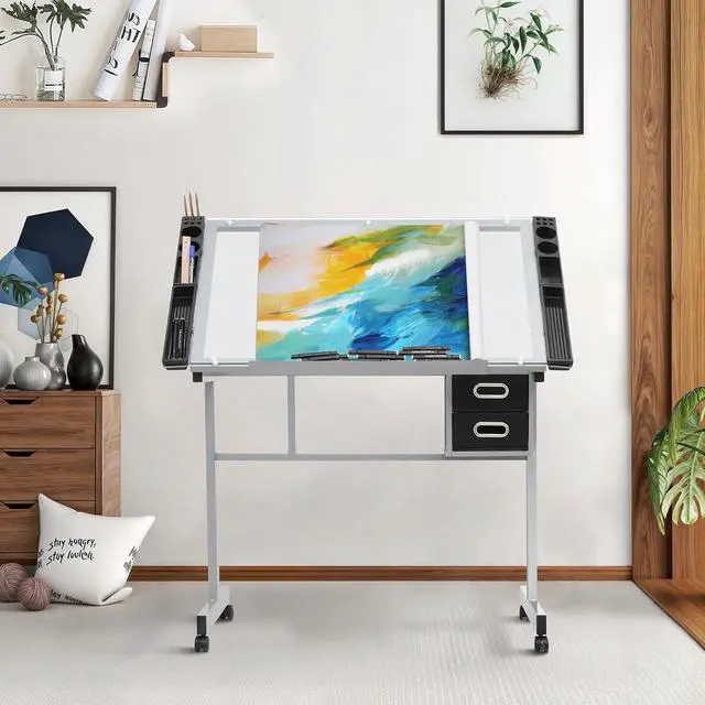 Alt view image 2 of 7 - Magshion Adjustable Drafting Table with 65° Tilting Glass Top  Portable Art Desk with 2 Storage Drawers, 4 Tool Trays & Lockable Rolling Casters for Artists, Designers, & Students (Clear)