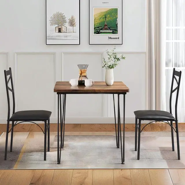 Alt view image 2 of 7 - VECELO 3-Piece Dining Room Kitchen Table and Pu Cushion Chair Sets for Small Space, 2, Classic Brown,Dining Set for 2