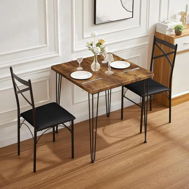Alt view image 3 of 7 - VECELO 3-Piece Dining Room Kitchen Table and Pu Cushion Chair Sets for Small Space, 2, Classic Brown,Dining Set for 2