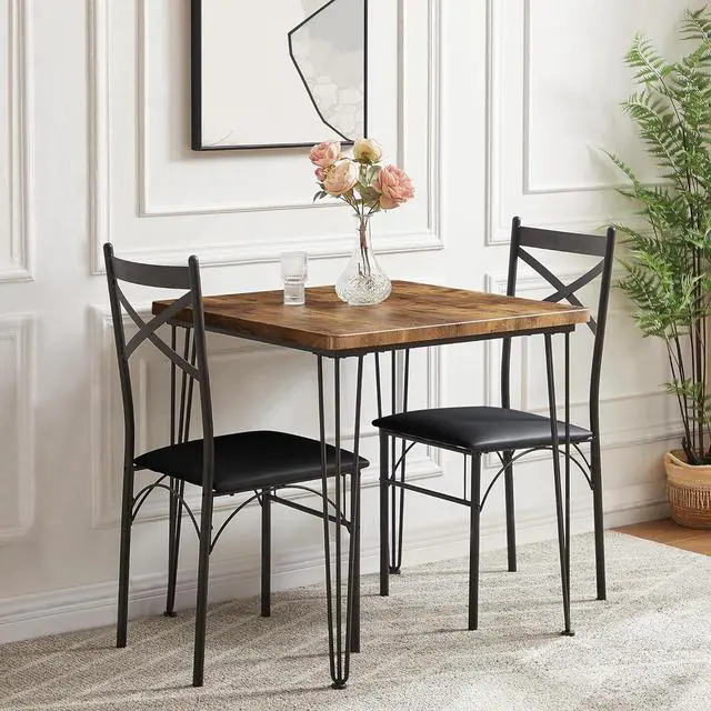 Alt view image 6 of 7 - VECELO 3-Piece Dining Room Kitchen Table and Pu Cushion Chair Sets for Small Space, 2, Classic Brown,Dining Set for 2