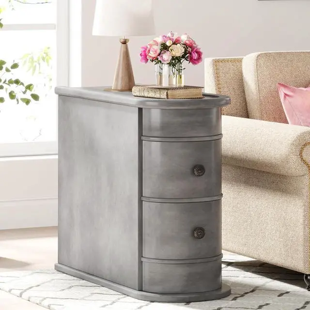 Main image of Wood End Table with 2 Drawers, No Assembly Required Narrow Sofa Side Table for Living Room, Vintage Slim Nightstand Bedside Table for Bedroom, Finished Back (2 Drawers, Grey, 1Pc)