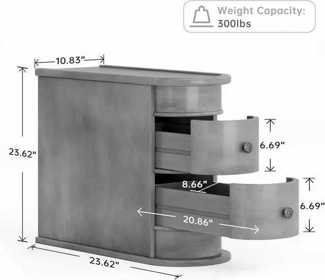 Alt view image 2 of 7 - Wood End Table with 2 Drawers, No Assembly Required Narrow Sofa Side Table for Living Room, Vintage Slim Nightstand Bedside Table for Bedroom, Finished Back (2 Drawers, Grey, 1Pc)