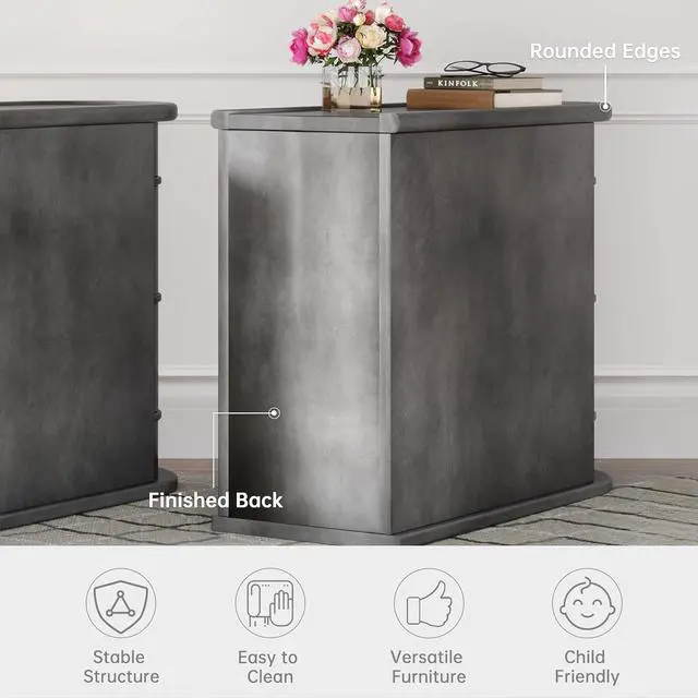 Alt view image 5 of 7 - Wood End Table with 2 Drawers, No Assembly Required Narrow Sofa Side Table for Living Room, Vintage Slim Nightstand Bedside Table for Bedroom, Finished Back (2 Drawers, Grey, 1Pc)