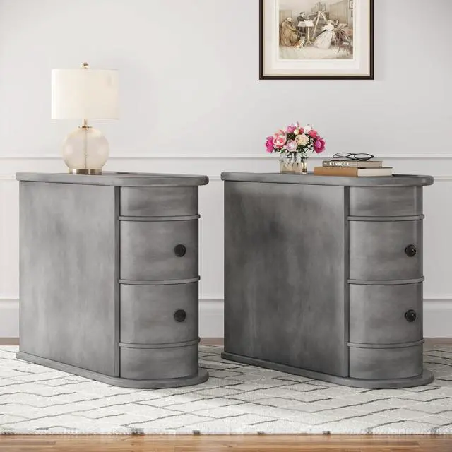 Alt view image 7 of 7 - Wood End Table with 2 Drawers, No Assembly Required Narrow Sofa Side Table for Living Room, Vintage Slim Nightstand Bedside Table for Bedroom, Finished Back (2 Drawers, Grey, 1Pc)