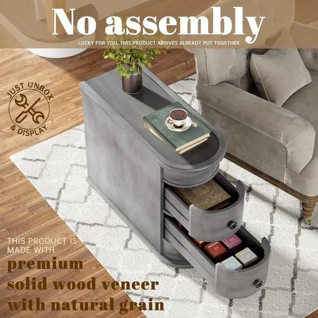 Alt view image 4 of 7 - Wood End Table with 2 Drawers, No Assembly Required Narrow Sofa Side Table for Living Room, Vintage Slim Nightstand Bedside Table for Bedroom, Finished Back (2 Drawers, Grey, 1Pc)