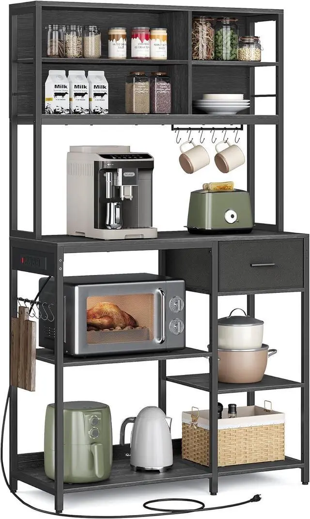 Main image of VASAGLE Bakers Rack with Charging Station, Coffee Bar Stand with Adjustable Storage Shelves, Fabric Drawer, 12 Hooks, Table for Microwave, Kitchen, Charcoal Gray and Ink Black UKKS028B22