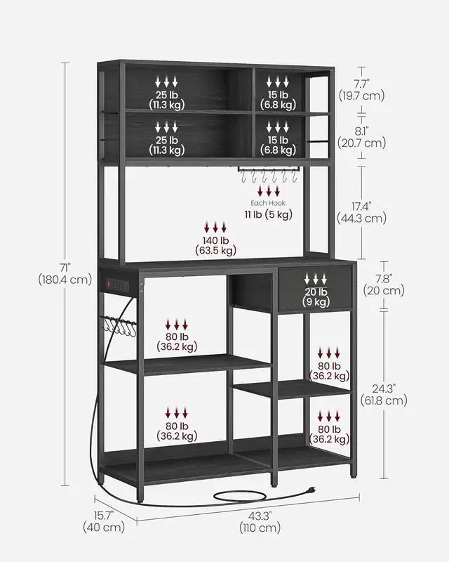 Alt view image 3 of 7 - VASAGLE Bakers Rack with Charging Station, Coffee Bar Stand with Adjustable Storage Shelves, Fabric Drawer, 12 Hooks, Table for Microwave, Kitchen, Charcoal Gray and Ink Black UKKS028B22