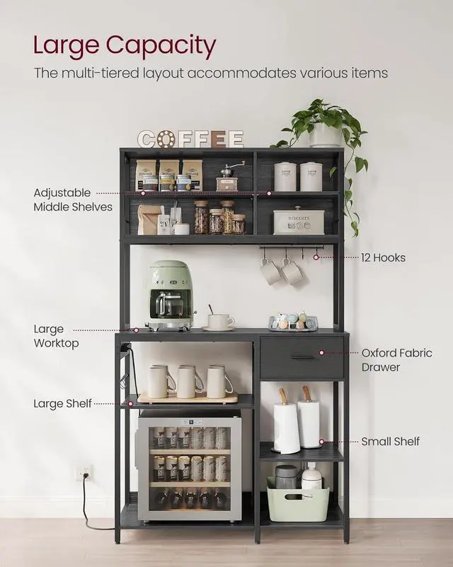 Alt view image 4 of 7 - VASAGLE Bakers Rack with Charging Station, Coffee Bar Stand with Adjustable Storage Shelves, Fabric Drawer, 12 Hooks, Table for Microwave, Kitchen, Charcoal Gray and Ink Black UKKS028B22