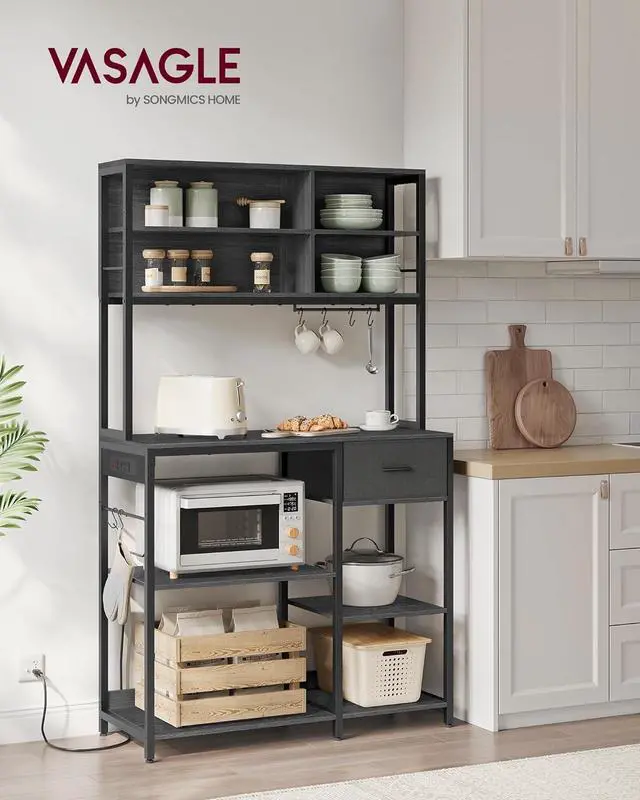 Alt view image 2 of 7 - VASAGLE Bakers Rack with Charging Station, Coffee Bar Stand with Adjustable Storage Shelves, Fabric Drawer, 12 Hooks, Table for Microwave, Kitchen, Charcoal Gray and Ink Black UKKS028B22