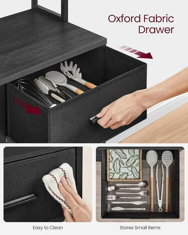 Alt view image 6 of 7 - VASAGLE Bakers Rack with Charging Station, Coffee Bar Stand with Adjustable Storage Shelves, Fabric Drawer, 12 Hooks, Table for Microwave, Kitchen, Charcoal Gray and Ink Black UKKS028B22