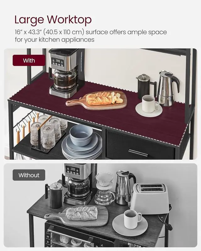 Alt view image 5 of 7 - VASAGLE Bakers Rack with Charging Station, Coffee Bar Stand with Adjustable Storage Shelves, Fabric Drawer, 12 Hooks, Table for Microwave, Kitchen, Charcoal Gray and Ink Black UKKS028B22