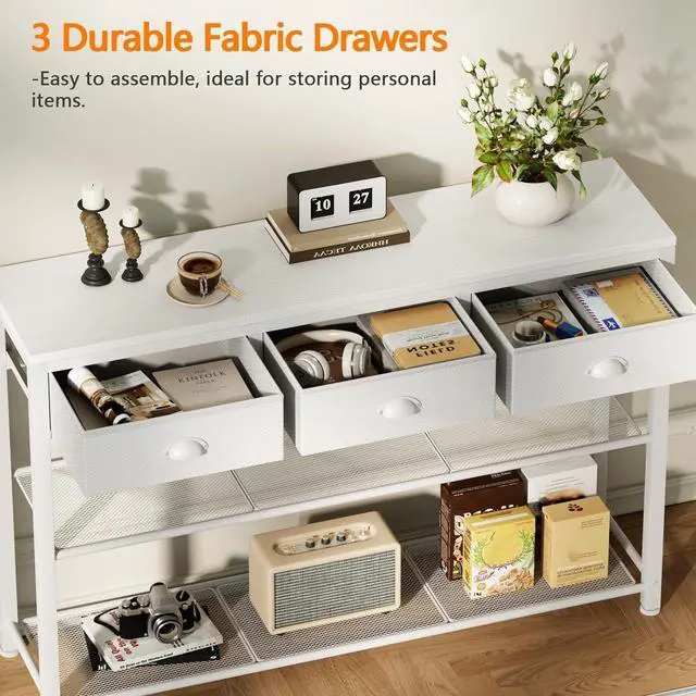 Alt view image 4 of 7 - Furologee White Entryway Table, 38'' Console Sofa Table with 3 Fabric Drawers, Industrial Entry Way Table with Storage Shelves, Display Shelf for Living Room, Hallway, Entrance, Foyer