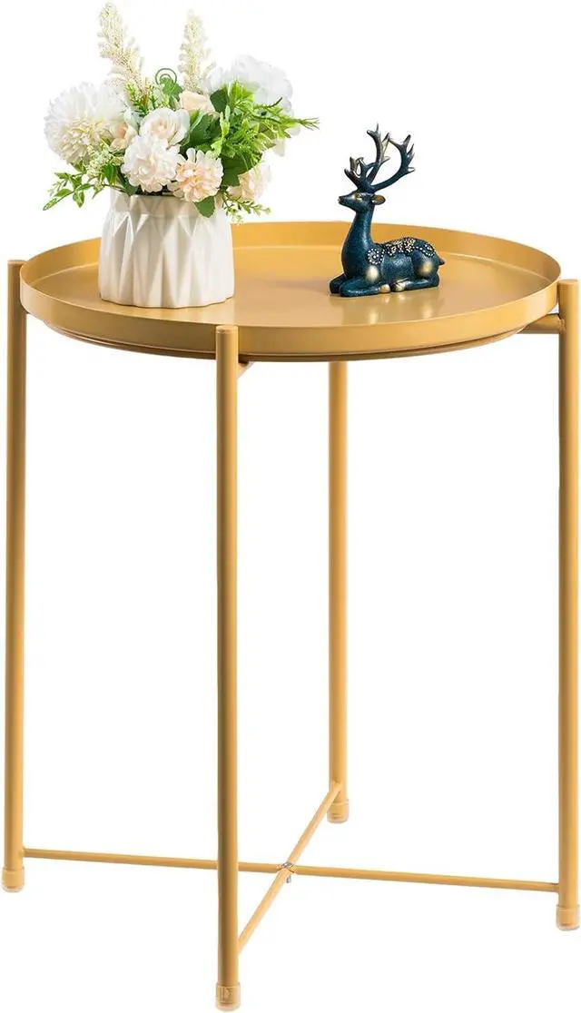 Main image of HollyHOME Round Metal Side Table, Outdoor Small Folding Accent Stand with Removable Tray, 17.72'' Portable End Table for Balconies, Gardens, Living Rooms and Bedrooms, Yellow