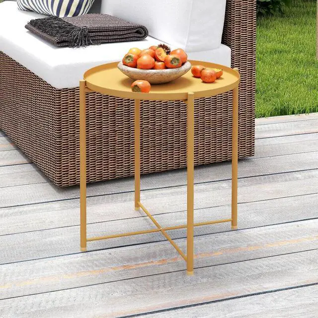 Alt view image 2 of 7 - HollyHOME Round Metal Side Table, Outdoor Small Folding Accent Stand with Removable Tray, 17.72'' Portable End Table for Balconies, Gardens, Living Rooms and Bedrooms, Yellow