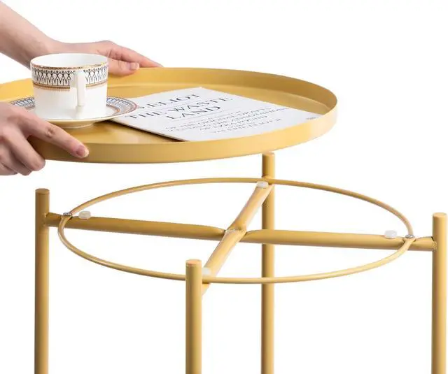 Alt view image 5 of 7 - HollyHOME Round Metal Side Table, Outdoor Small Folding Accent Stand with Removable Tray, 17.72'' Portable End Table for Balconies, Gardens, Living Rooms and Bedrooms, Yellow