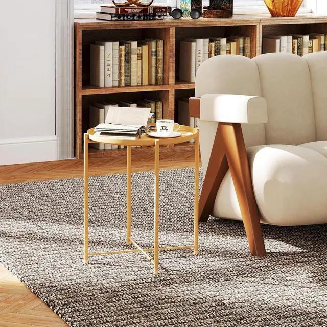Alt view image 6 of 7 - HollyHOME Round Metal Side Table, Outdoor Small Folding Accent Stand with Removable Tray, 17.72'' Portable End Table for Balconies, Gardens, Living Rooms and Bedrooms, Yellow