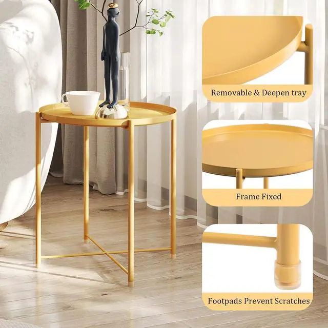 Alt view image 4 of 7 - HollyHOME Round Metal Side Table, Outdoor Small Folding Accent Stand with Removable Tray, 17.72'' Portable End Table for Balconies, Gardens, Living Rooms and Bedrooms, Yellow