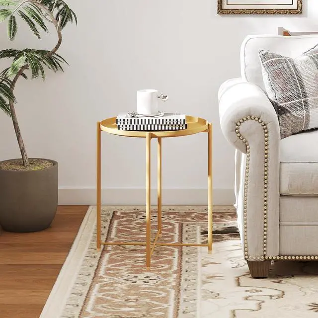 Alt view image 7 of 7 - HollyHOME Round Metal Side Table, Outdoor Small Folding Accent Stand with Removable Tray, 17.72'' Portable End Table for Balconies, Gardens, Living Rooms and Bedrooms, Yellow