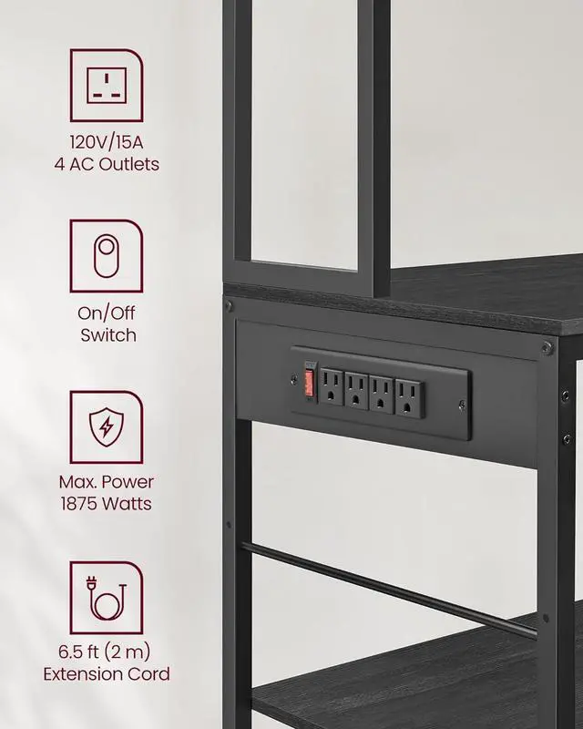 Alt view image 7 of 7 - VASAGLE Bakers Rack with Charging Station, Coffee Bar Stand with Adjustable Storage Shelves, Fabric Drawer, 12 Hooks, Table for Microwave, Kitchen, Charcoal Gray and Ink Black UKKS028B22