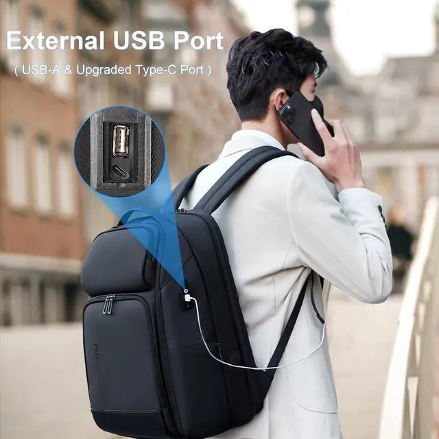 Alt view image 5 of 6 - FENRUIEN 17 Inch Travel Backpack for Men, Expandable Water Resistant Computer Backpack with USB Port, Black Laptop Bag for Business/College/Work