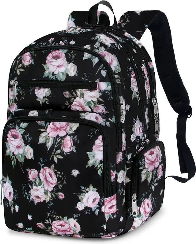 Main image of Large Backpack for Women Backpack with Lots of Pockets for Travel Work School Bookbag with Laptop Compartment for High School College Girls Mochilas Morrales para Mujer (Black/Pink, Floral)