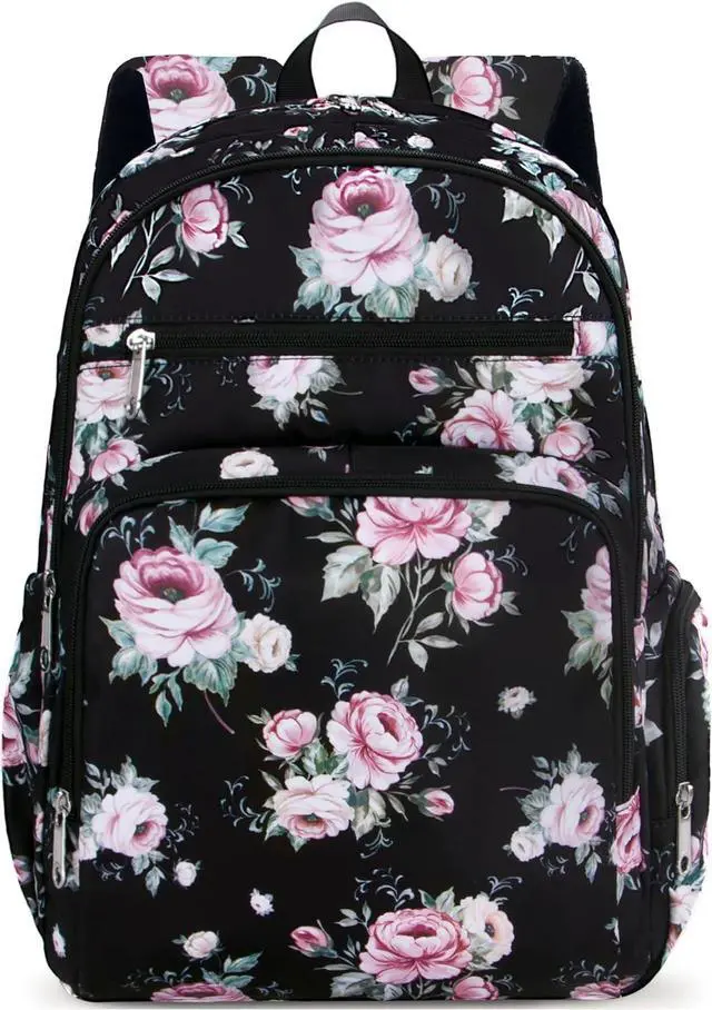 Alt view image 2 of 7 - Large Backpack for Women Backpack with Lots of Pockets for Travel Work School Bookbag with Laptop Compartment for High School College Girls Mochilas Morrales para Mujer (Black/Pink, Floral)