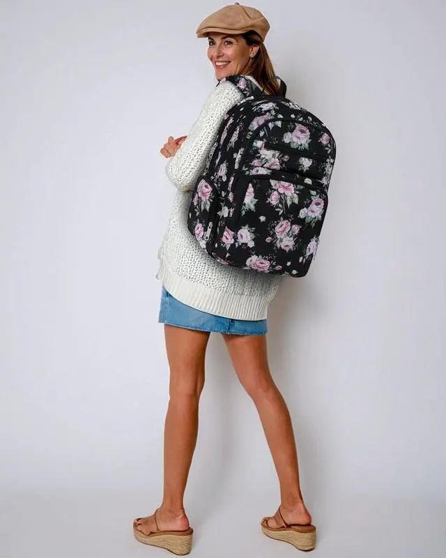 Alt view image 3 of 7 - Large Backpack for Women Backpack with Lots of Pockets for Travel Work School Bookbag with Laptop Compartment for High School College Girls Mochilas Morrales para Mujer (Black/Pink, Floral)