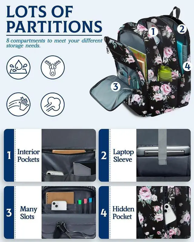 Alt view image 4 of 7 - Large Backpack for Women Backpack with Lots of Pockets for Travel Work School Bookbag with Laptop Compartment for High School College Girls Mochilas Morrales para Mujer (Black/Pink, Floral)