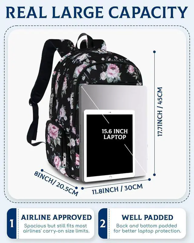Alt view image 5 of 7 - Large Backpack for Women Backpack with Lots of Pockets for Travel Work School Bookbag with Laptop Compartment for High School College Girls Mochilas Morrales para Mujer (Black/Pink, Floral)