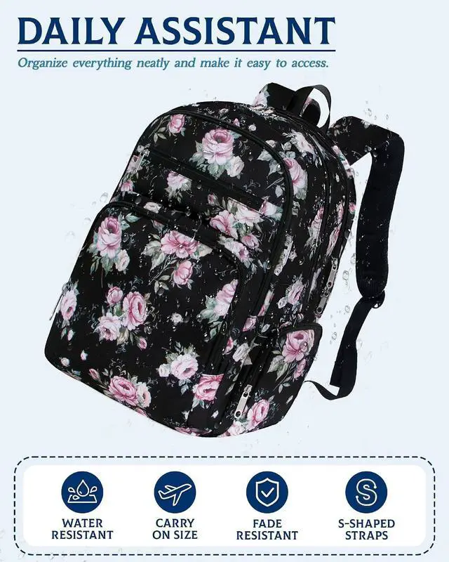 Alt view image 7 of 7 - Large Backpack for Women Backpack with Lots of Pockets for Travel Work School Bookbag with Laptop Compartment for High School College Girls Mochilas Morrales para Mujer (Black/Pink, Floral)