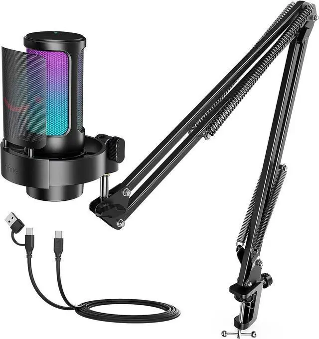 Main image of FIFINE USB Gaming Microphone Kit, PC Streaming Mic with RGB Lights, Mute, Gain Knob, Metal Boom Arm for Recording Podcast, Condenser Computer Microphone Set Compatible with PS4/PS5-AmpliGame A8T
