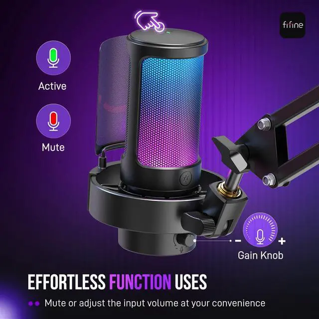 Alt view image 2 of 7 - FIFINE USB Gaming Microphone Kit, PC Streaming Mic with RGB Lights, Mute, Gain Knob, Metal Boom Arm for Recording Podcast, Condenser Computer Microphone Set Compatible with PS4/PS5-AmpliGame A8T