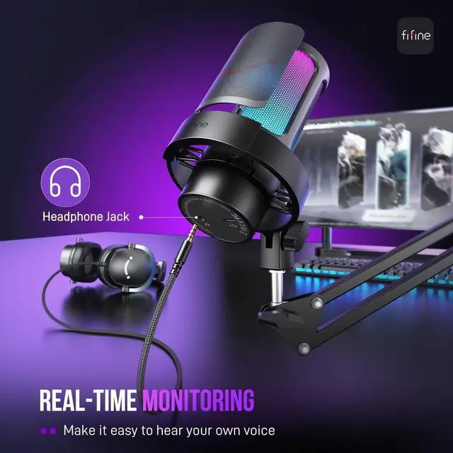Alt view image 4 of 7 - FIFINE USB Gaming Microphone Kit, PC Streaming Mic with RGB Lights, Mute, Gain Knob, Metal Boom Arm for Recording Podcast, Condenser Computer Microphone Set Compatible with PS4/PS5-AmpliGame A8T