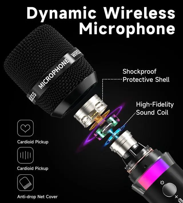 Alt view image 2 of 7 - Wireless Microphone, Rechargeable Wireless Microphones with One-to-One Chip Connection and LED Lights, 40H Duration, 200FT Range Receiving, Less Latency Karaoke Microphone for Singing, Speech, Party