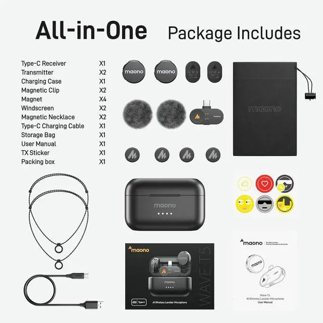 Alt view image 7 of 7 - MAONO Wireless Lavalier Microphone for iPhone 16/15/Android/Tablet, USB C Plug Mini Mic with 48KHz 24Bit, 300m Range, Voice Filter, Noise Cancellation, 30H Use for Video Recording, Streaming - Wave T5