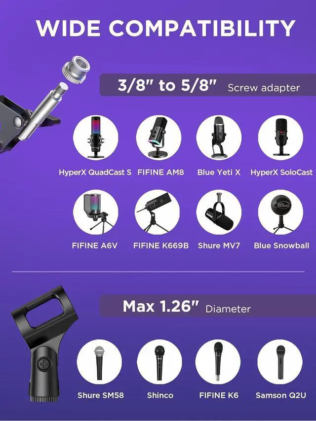 Alt view image 6 of 7 - InnoGear Microphone Stand Mic Boom Arm for Blue Yeti HyperX QuadCast S SoloCast Snowball Fifine K669B and other Mic, with Shock Mount Windscreen Pop Filter Mic Clip Holder Cable Ties, Large