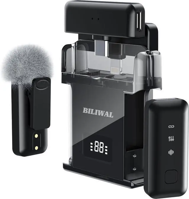 Main image of Wireless Lavalier Microphone for iPhone/Android/Laptop with Magnetic Wind Muff/Patch/Clip, Mini Mic with Noise Reduction, 35 H Battery Life via Charging Case, Lightning/USB-C/USB A Plug&Play