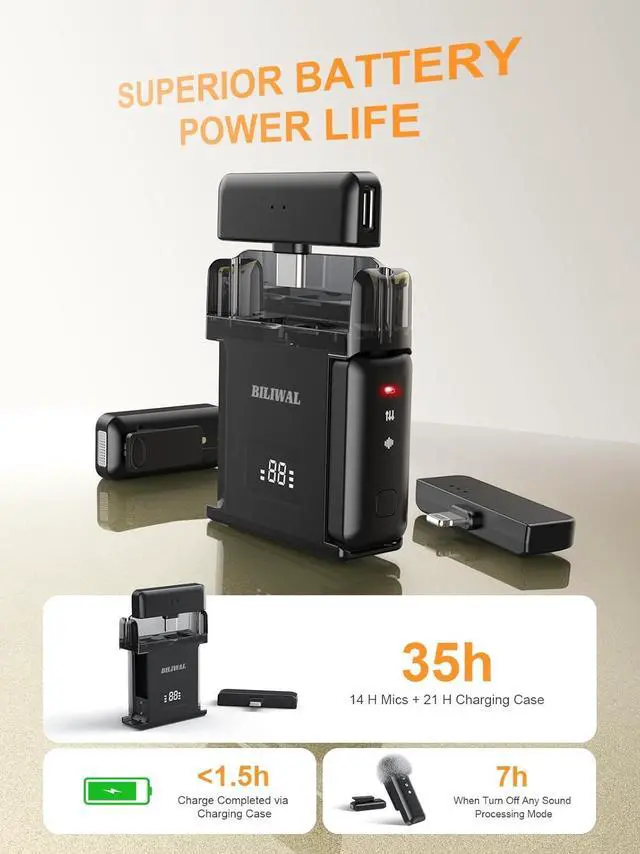 Alt view image 2 of 7 - Wireless Lavalier Microphone for iPhone/Android/Laptop with Magnetic Wind Muff/Patch/Clip, Mini Mic with Noise Reduction, 35 H Battery Life via Charging Case, Lightning/USB-C/USB A Plug&Play